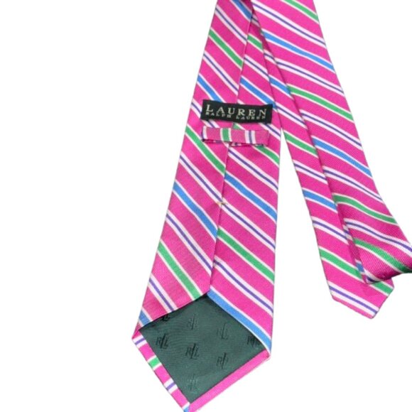 Lauren Ralph Lauren Pink Blue Green Stripe Preppy Academia Heritage 100% SilkTie - Picture 4 of 10